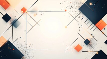 Abstract geometric background with orange and black squares, lines, and glowing particles.