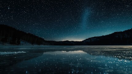 Starry Night Over Tranquil Frozen Lake with Reflections and Mountains