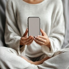 Individual sitting in a relaxed position holding a smartphone with a blank screen in a cozy setting