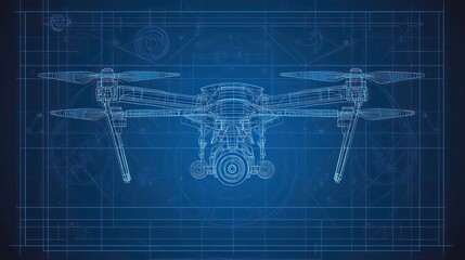 Vector Quadcopter or drone line blueprint wireframe