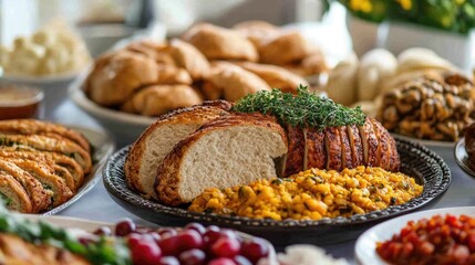 Fototapeta premium Delicious spread of bread, savory dishes, and fresh fruits at a festive gathering