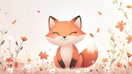 Cute cartoon fox sitting in a field of flowers.