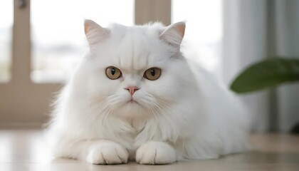 a white persian cat, The adorable white Persian cat is in the living room at home. Pet Animal Concept.