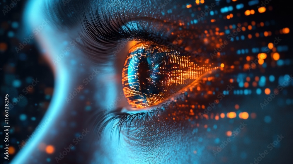 Poster futuristic eye design with dynamic patterns and cyberpunk aesthetics reflecting innovation in techno