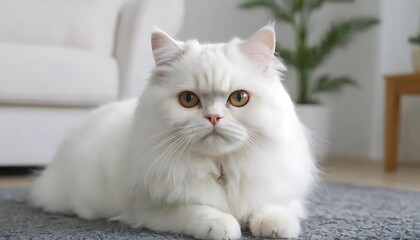 a white persian cat, The adorable white Persian cat is in the living room at home. Pet Animal Concept.