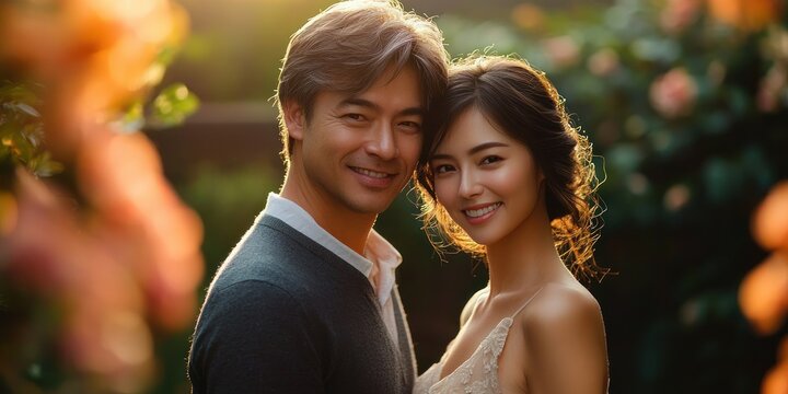 Romantic Asian couple enjoying each other's company in a lush garden during golden hour