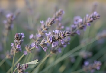 Obraz premium Lavender flowers in soft focus with green stems.