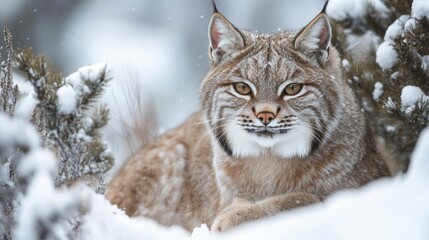 Lynx resting in snowy forest showcasing winter beauty in a serene landscape