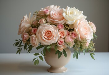 Peach roses in a white vase on a light background.