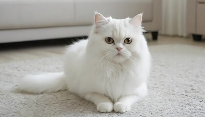 a white persian cat, The adorable white Persian cat is in the living room at home. Pet Animal Concept.