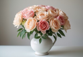 Obraz premium Peach roses in a white vase on a light background.