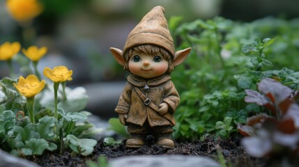 Whimsical garden elf bringing joy to blooming flowers in a lush green landscape