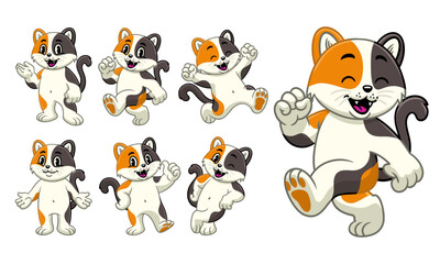 Cartoon Character Set of Joyful Calico Cat