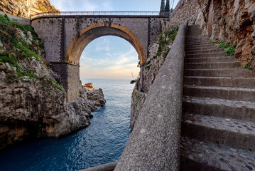 Fiordo di Furore, the characteristic bridge that overlooks the beach on the Amalfi Coast. Italy