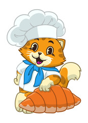 Cute Orange Cat Chef Mascot Lean on Croissant