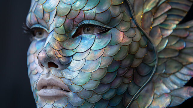 Iridescent fish-scale mask with intricate details