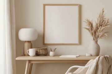 A warm and inviting workspace displays a wooden desk with a modern lamp, a vase with dried flowers, and a cozy chair, creating a serene atmosphere