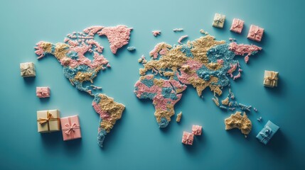Artistic representation of the world map created with colorful rice and decorative gifts