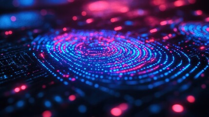 Digital fingerprint pattern illuminated with vibrant blue and pink lights during a futuristic tech event