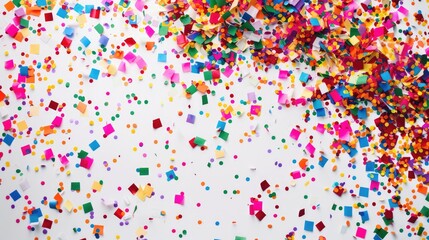 Obraz premium A vibrant burst of multicolored confetti spreads across a white background, adding a festive and celebratory touch to any design