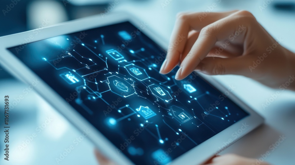 Poster close-up of hand using tablet showing digital network.