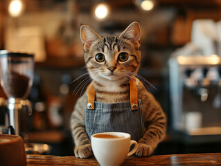 Cat barista serving coffee in a cozy cafe setting