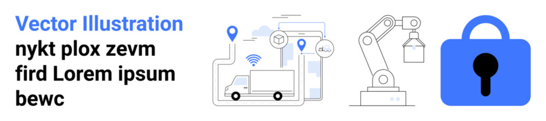 Delivery truck with GPS, automated robot arm on production line, secured by a large padlock. Ideal for logistics, automation, security, technology integration, industrial systems, smart logistics