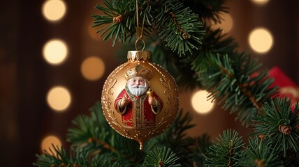 Christmas ornament depicting Saint Nicholas hanging on a New Year tree.