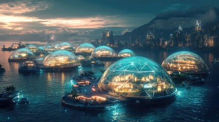 Futuristic Concept of Glowing Domes on Water with City Skyline