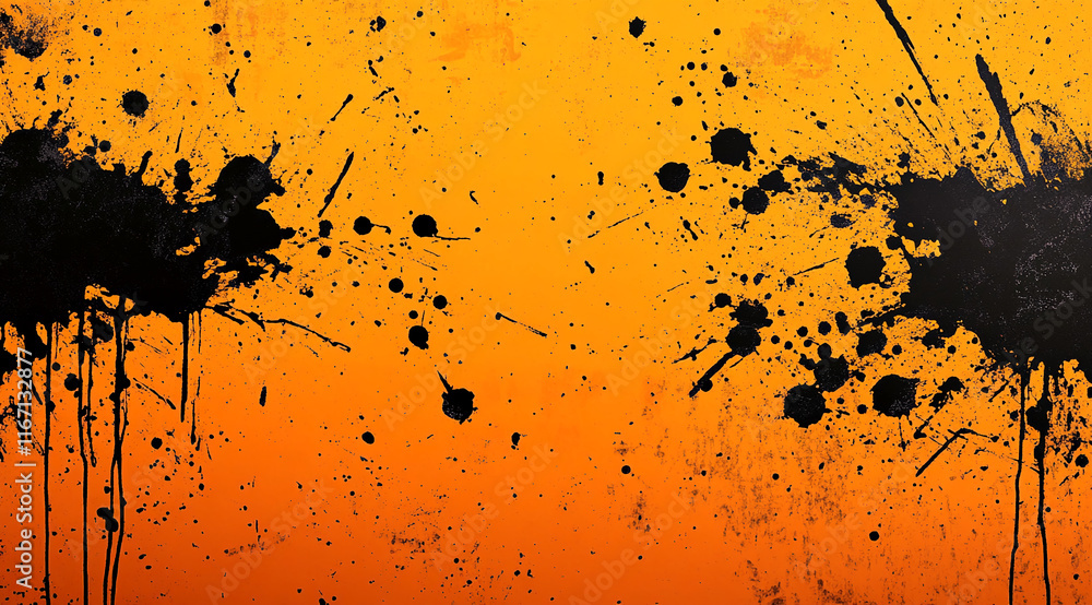 Poster black paint splashes on an orange background with splattered ink stains