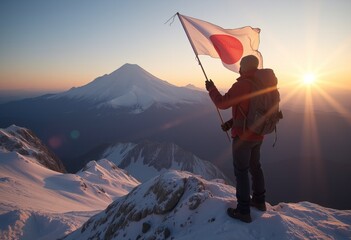 Hiker with Japanese flag overlooking Mount Fuji at sunrise.