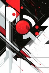Abstract geometric shapes; red, black, white, gray.