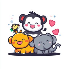 Fototapeta premium Adorable Cartoon Animals Featuring Cute Monkey, Playful Elephant, and Cheerful Bird Surrounded by Love Hearts in a Whimsical Style for Kids' Designs