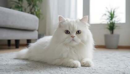 a white persian cat, The adorable white Persian cat is in the living room at home. Pet Animal Concept.