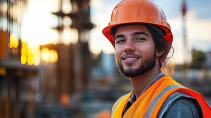 Smiling female construction worker in orange hard hat and safety vest showing dedication and professionalism