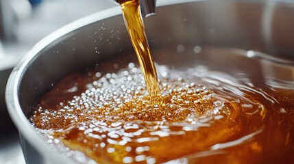 Golden Liquid Pours Into Bowl With Bubbles and Reflections