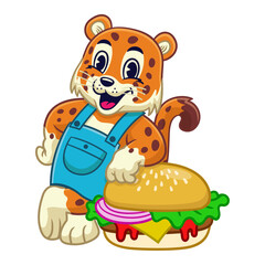 Leopard Chef Mascot Lean on Burger Illustration