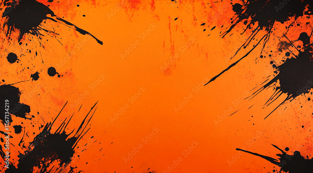 Poster Abstract orange and black paint splatter background with dynamic strokes