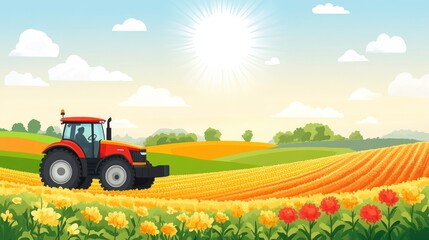 Obraz premium Sunny day on a farm with tractor in field.