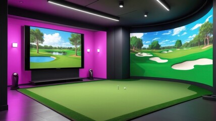 Sleek Interior of a Modern Indoor Golf Simulator Club with Advanced Technology and Vibrant Decor