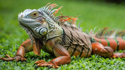 Obraz premium A vibrant iguana basking on a lush green surface, showcasing its colorful scales and playful tongue.