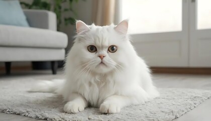a white persian cat, The adorable white Persian cat is in the living room at home. Pet Animal Concept.
