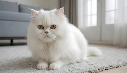 a white persian cat, The adorable white Persian cat is in the living room at home. Pet Animal Concept.