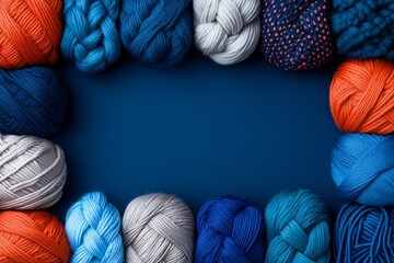 Colorful Yarn Balls Knitting Supplies Craft Frame Blue Background