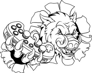 A wild boar, hog razorback warthog pig gamer sports video game gaming mascot holding a games controller