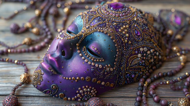 Intricate purple mask with gold beading on rustic wood