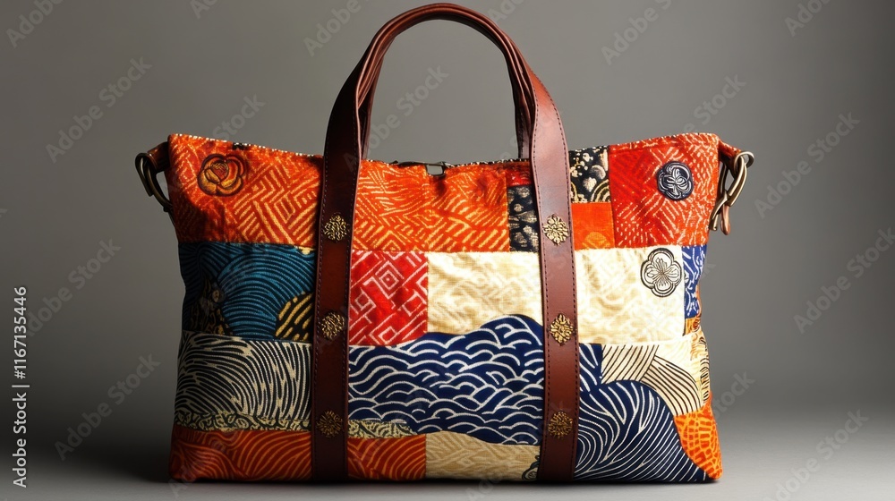 Poster artistic fabric bag showcasing vibrant patterns and textures in a stylish display