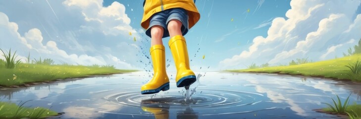 Joyful Child in Bright Rain Boots Splashing in a Puddle