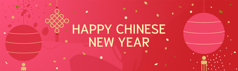 Chinese New Year hanging lanterns vector design with golden confetti and festive red background