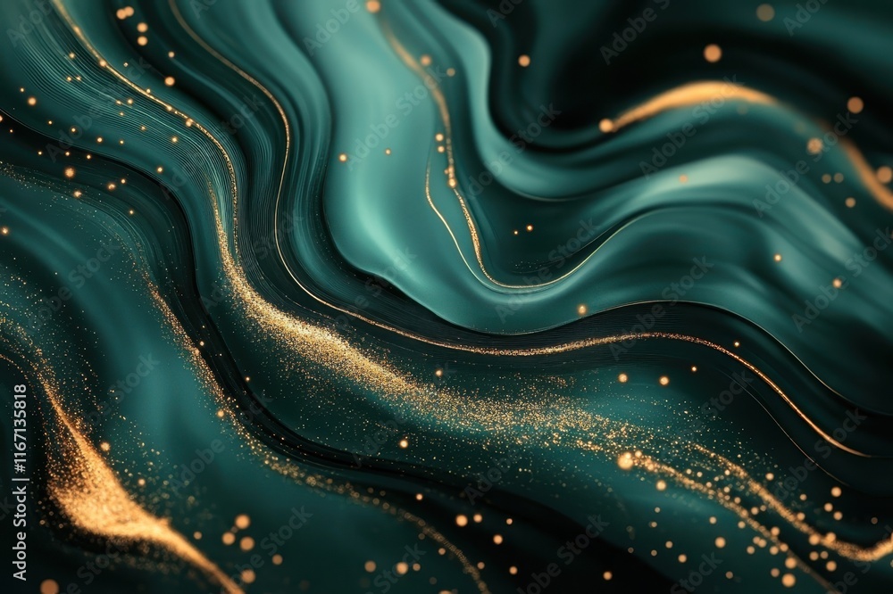 Poster swirling waves of emerald and gold create a mesmerizing visual dance in an abstract composition full
